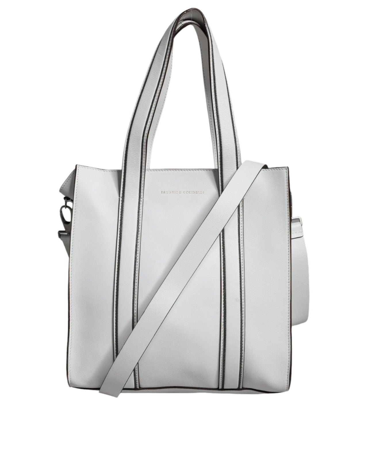 Luxour, Brunello Cucinelli White Leather Logo Shoulder Strap Shopping Tote Bag, 