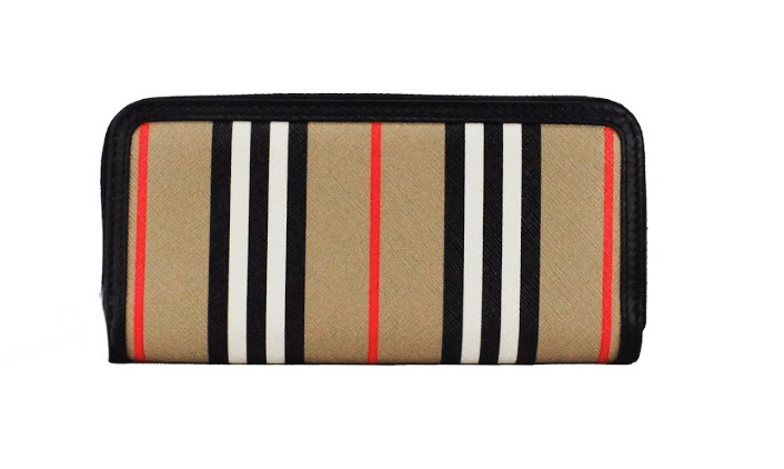 Luxour, Burberry Ellerby Black Leather Icon Stripe Canvas Zip Around Continental Wallet, 