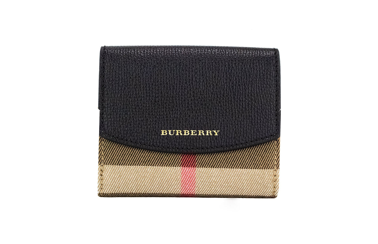 Luxour, Burberry Luna Black Grained Leather House Check Canvas Coin Pouch Snap Wallet, 