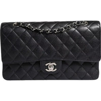 Thumbnail for Chanel Black Caviar Medium Classic Double Flap Shoulder Quilted Silver Bag - Luxour