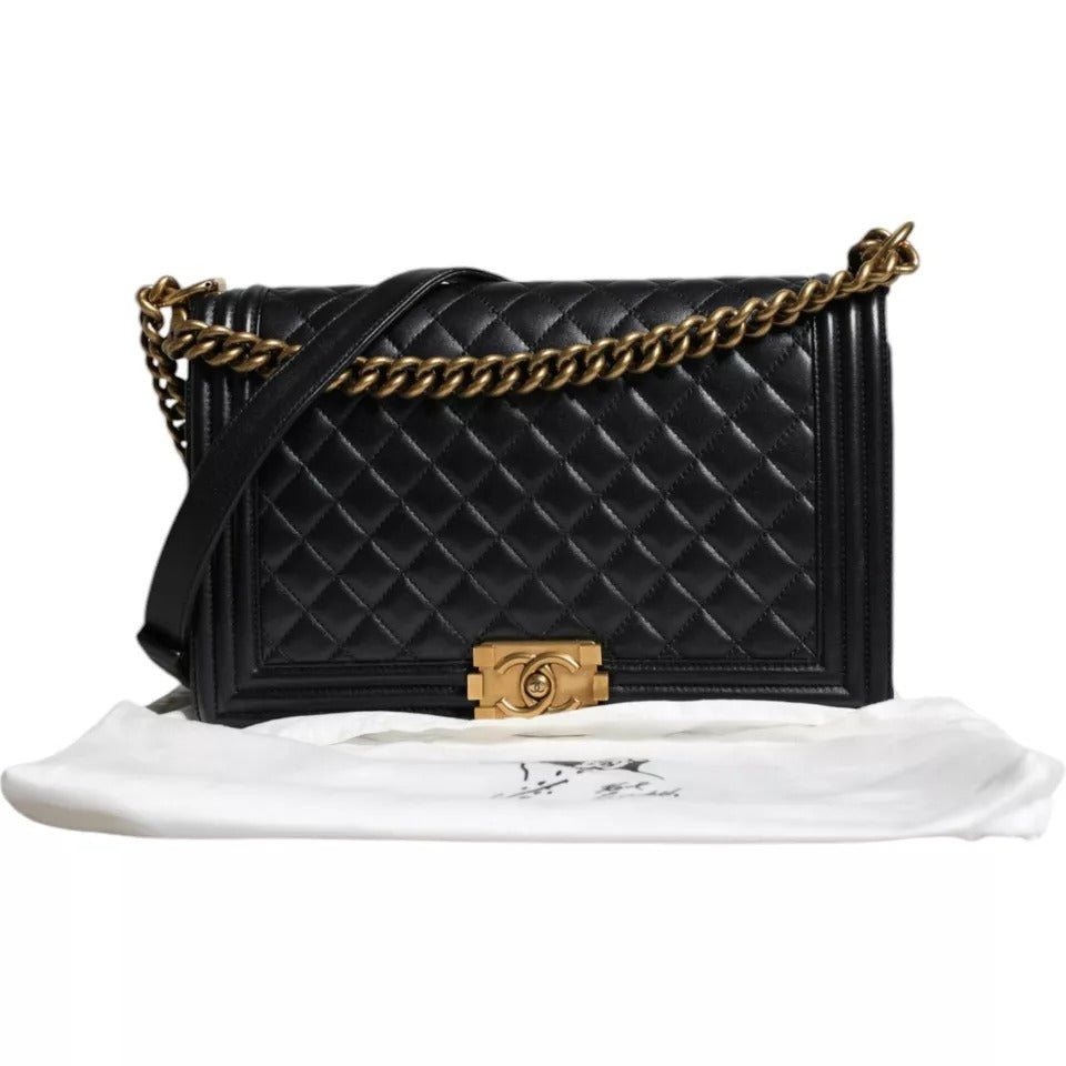 Chanel Black Large Lambskin Double Chain Gold Leather Shoulder Bag - Luxour