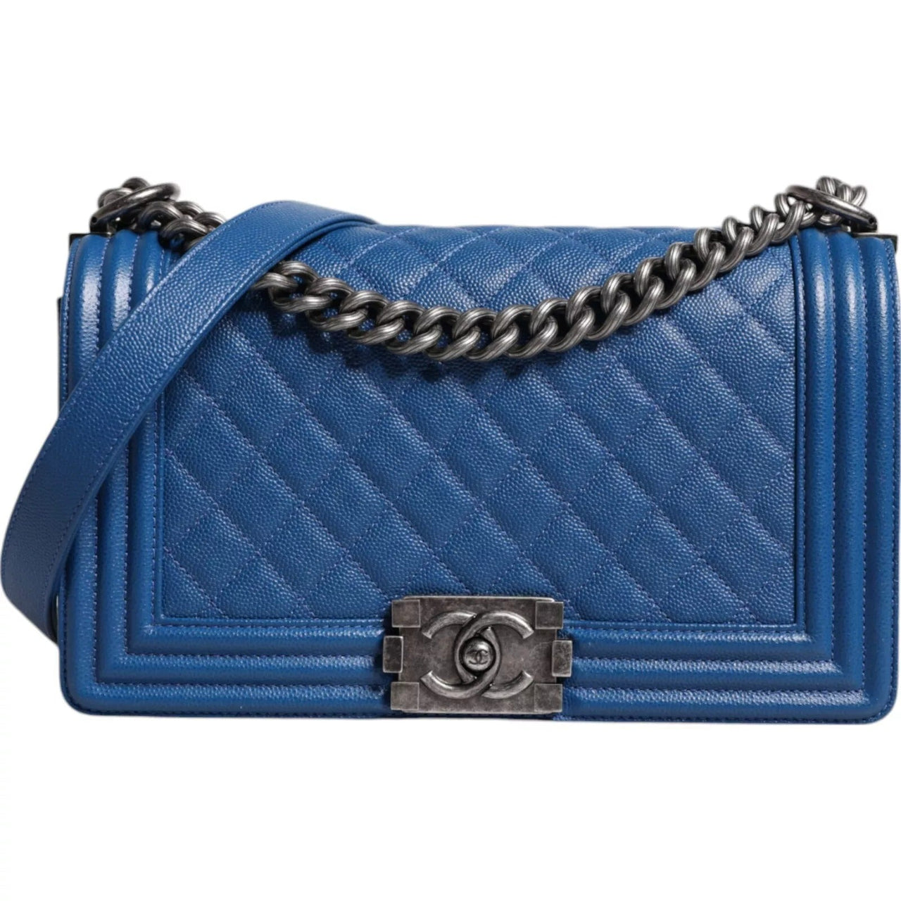 Chanel Blue Lambskin Double Chain Leather Medium Shoulder Bag - Luxour