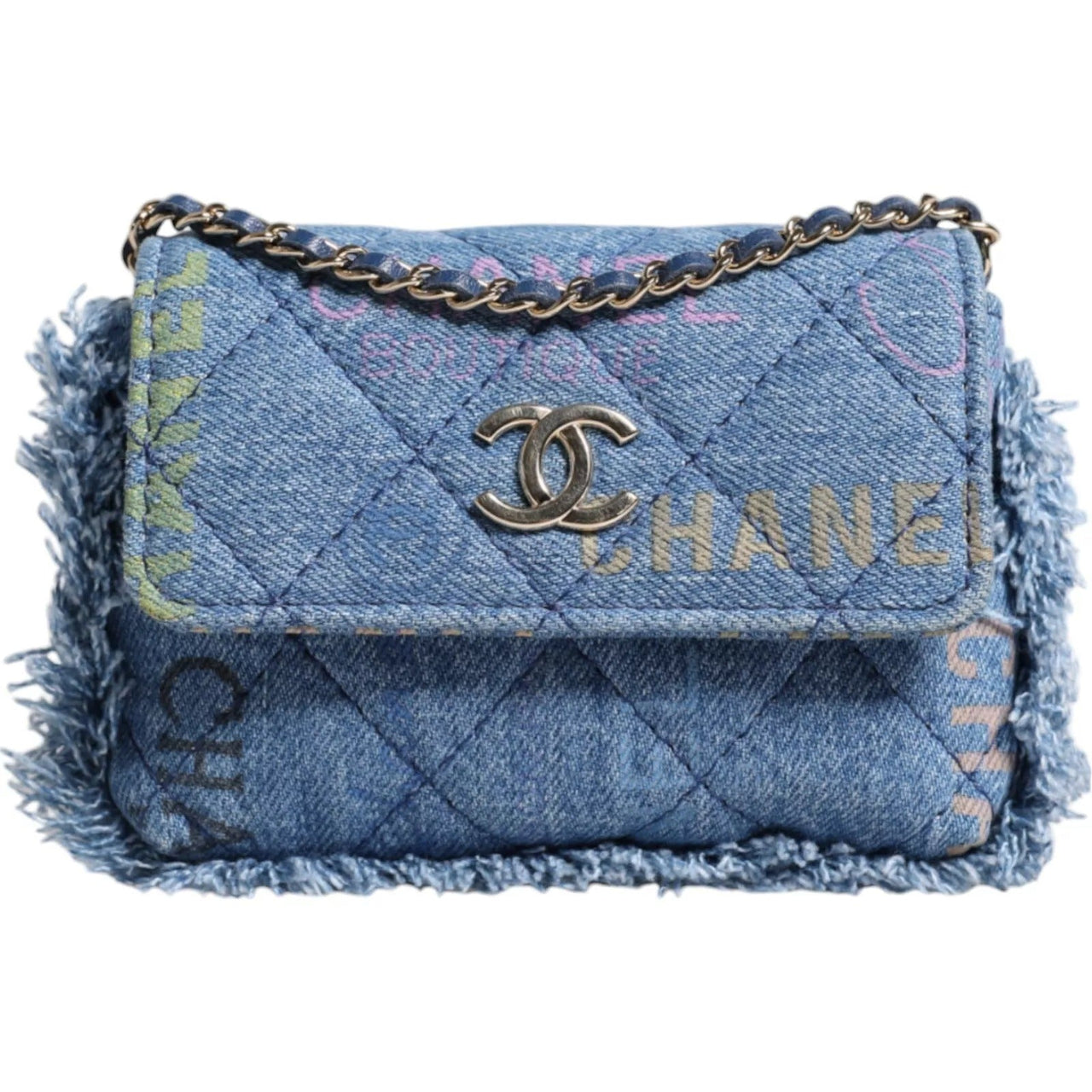 Chanel Denim Mood Flap Micro Logo Printed Fringed Shoulder Bag - Luxour