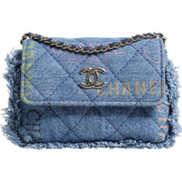 Thumbnail for Chanel Denim Mood Flap Micro Logo Printed Fringed Shoulder Bag - Luxour