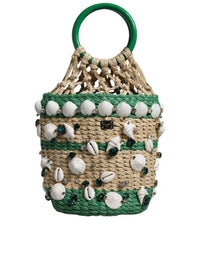 Thumbnail for Dolce & Gabbana Beige Green Rafia Seashells Crystal Bucket Bag - Luxour