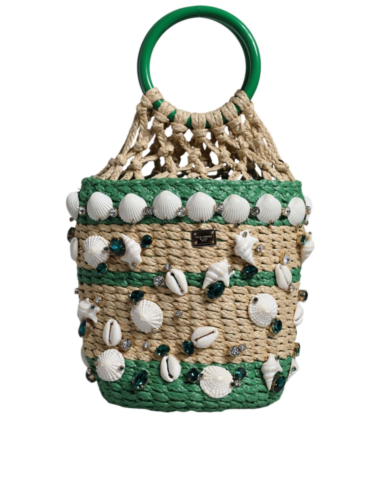 Dolce & Gabbana Beige Green Rafia Seashells Crystal Bucket Bag - Luxour