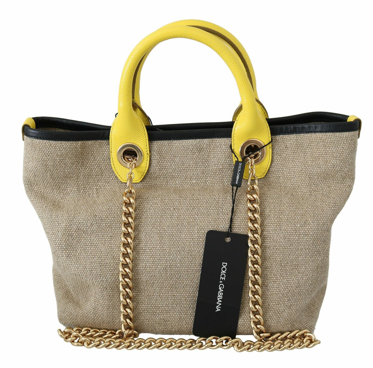 Dolce & Gabbana Beige Linen - Calf Tote with Gold Chain - Luxour