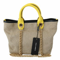 Thumbnail for Dolce & Gabbana Beige Linen - Calf Tote with Gold Chain - Luxour