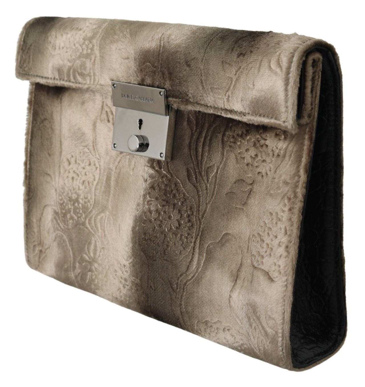 Dolce & Gabbana Beige Velvet Croco - Print Leather Briefcase Clutch - Luxour