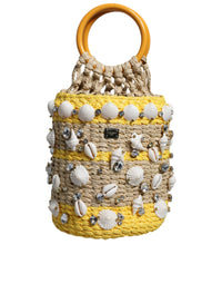 Thumbnail for Dolce & Gabbana Beige Yellow Rafia Seashells Crystal Bucket Bag - Luxour