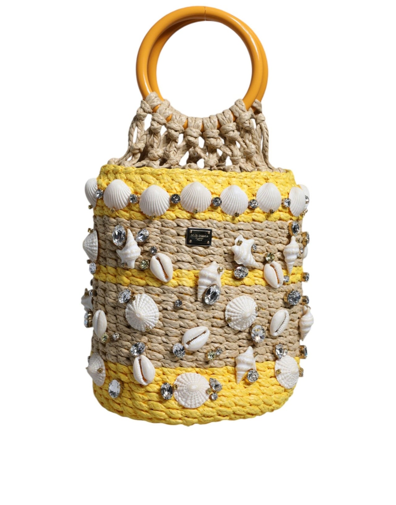 Dolce & Gabbana Beige Yellow Rafia Seashells Crystal Bucket Bag - Luxour