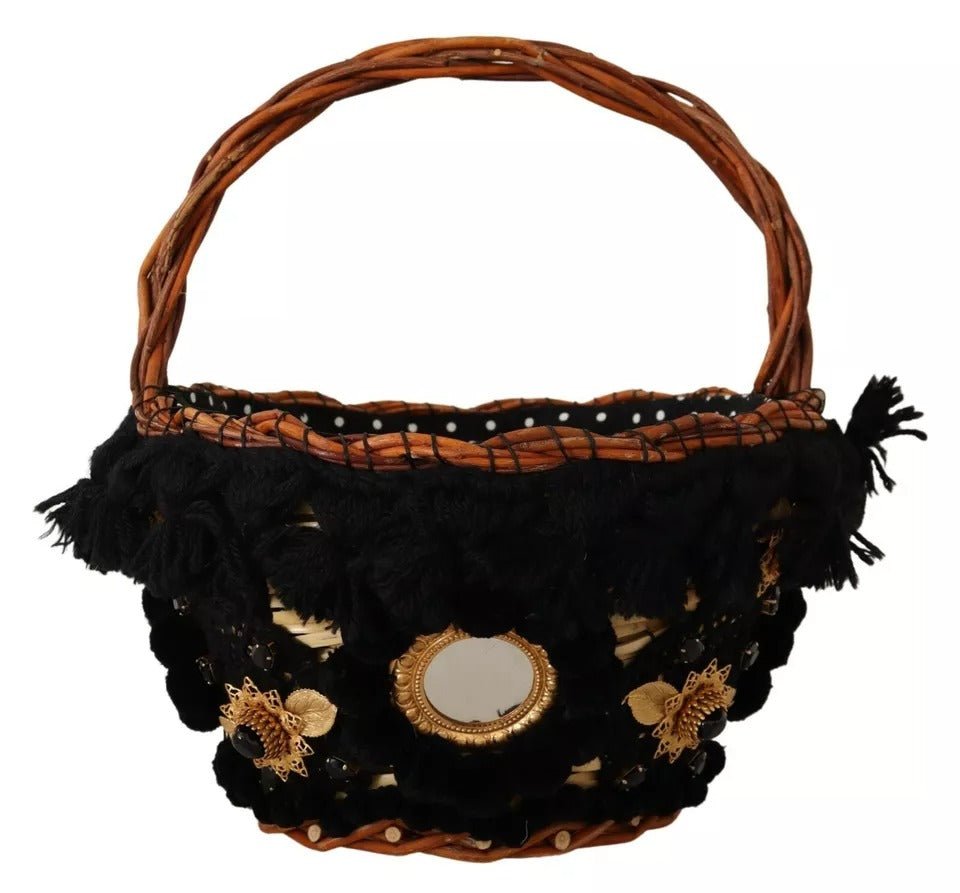 Dolce & Gabbana Black Beige Straw Basket Tote Pom Pom Crystals Bag - Luxour