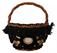 Thumbnail for Dolce & Gabbana Black Beige Straw Basket Tote Pom Pom Crystals Bag - Luxour