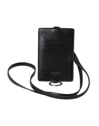 Thumbnail for Dolce & Gabbana Black Calf Leather Lanyard Logo Card Holder Men Wallet - Luxour