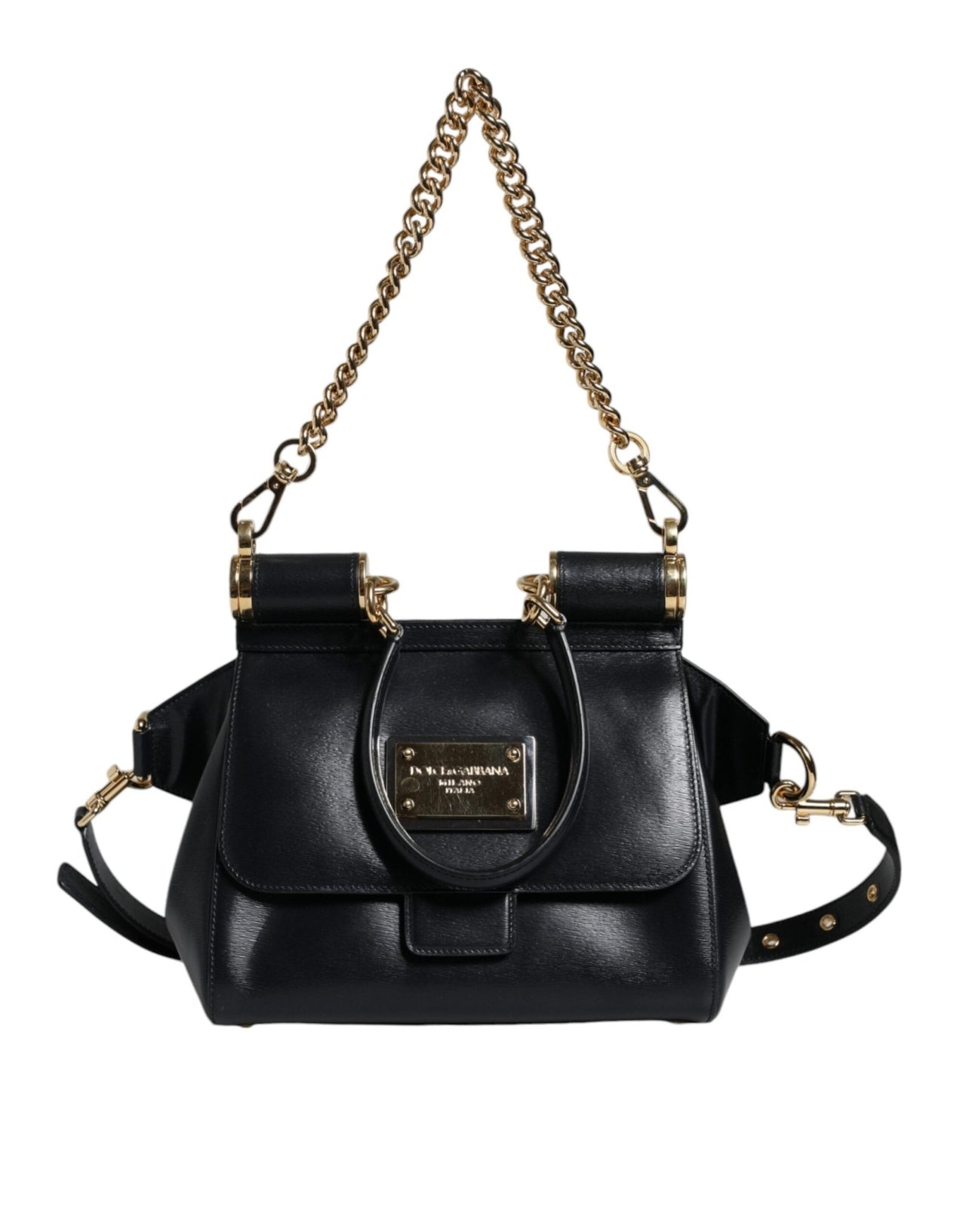 Luxour, Dolce & Gabbana Black Calfskin Leather SICILY Chain Strap Crossbody Bag, 