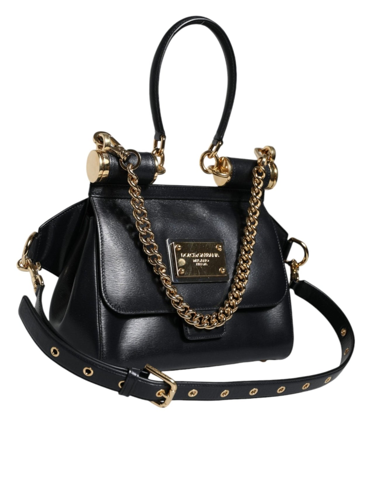 Luxour, Dolce & Gabbana Black Calfskin Leather SICILY Chain Strap Crossbody Bag, 