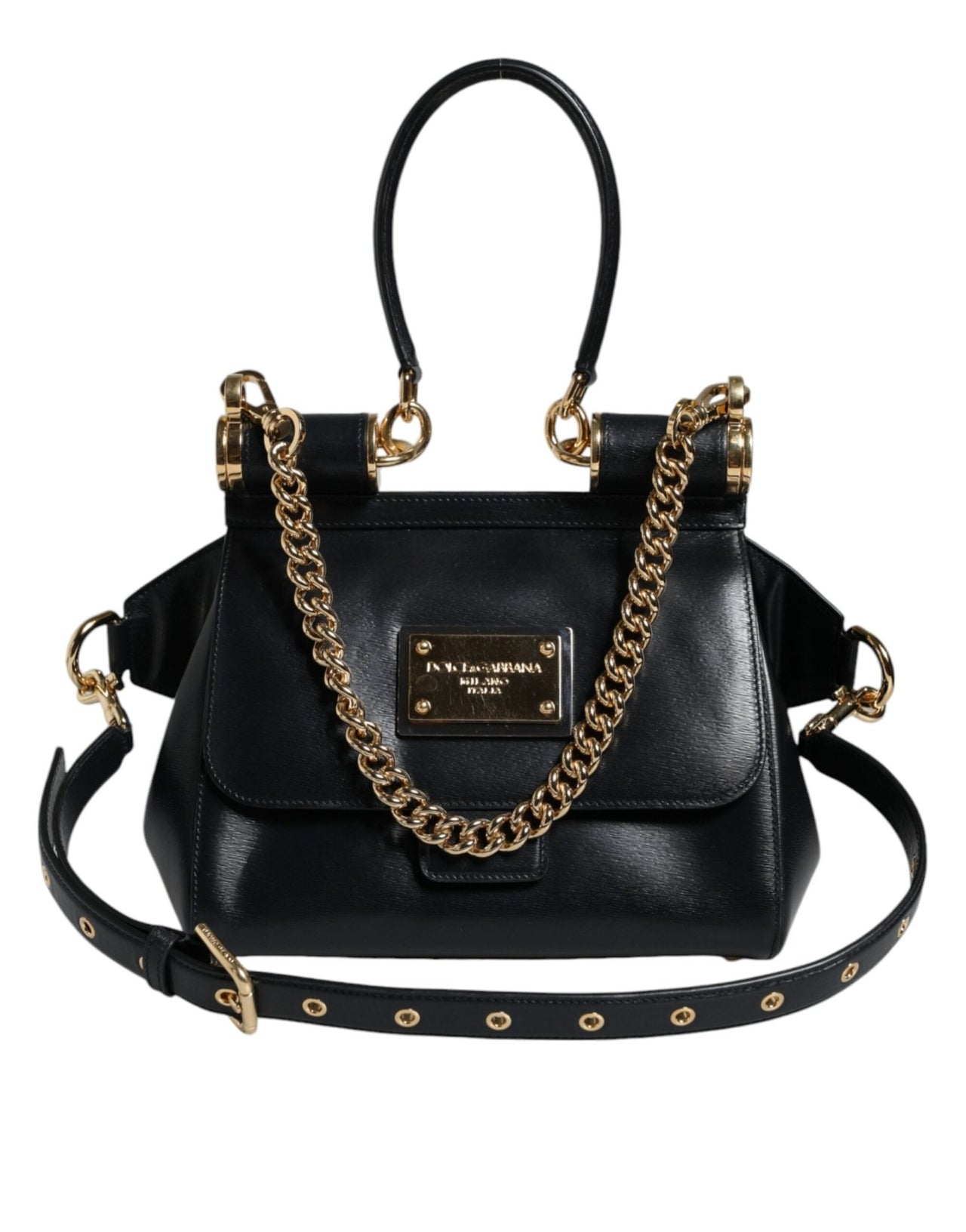 Luxour, Dolce & Gabbana Black Calfskin Leather SICILY Chain Strap Crossbody Bag, 