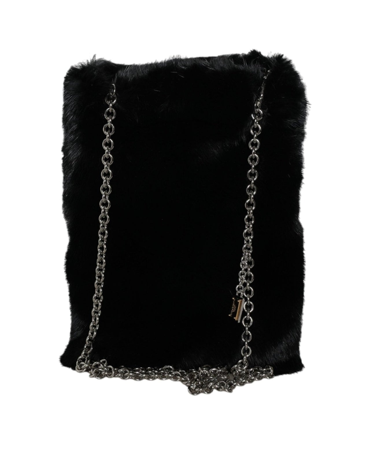 Dolce & Gabbana Black Faux Fur Silver Chain Crossbody Shoulder Purse Bag - Luxour