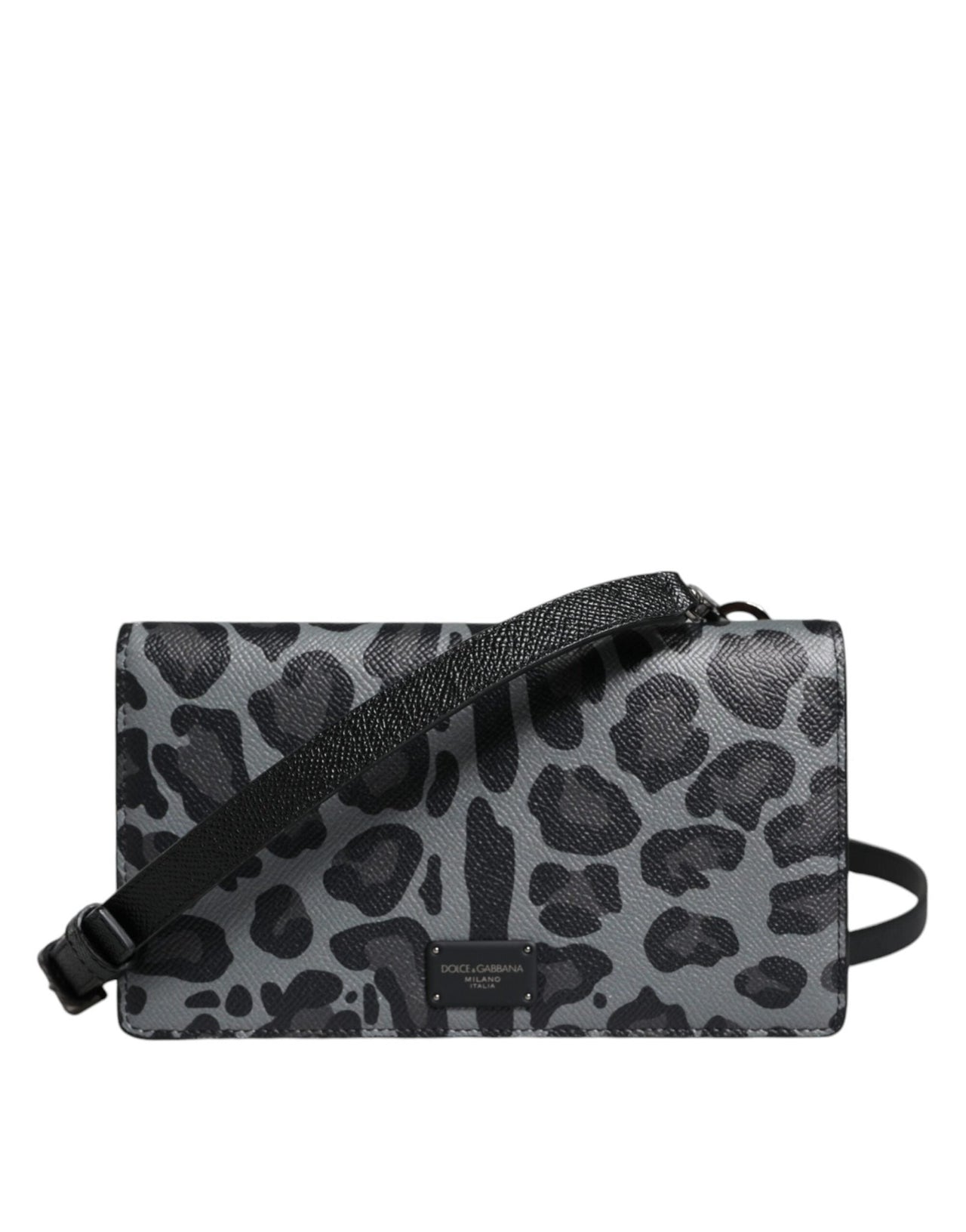 Dolce & Gabbana Black Gray Leopard Leather Bifold Card Slot Crossbody Bag - Luxour