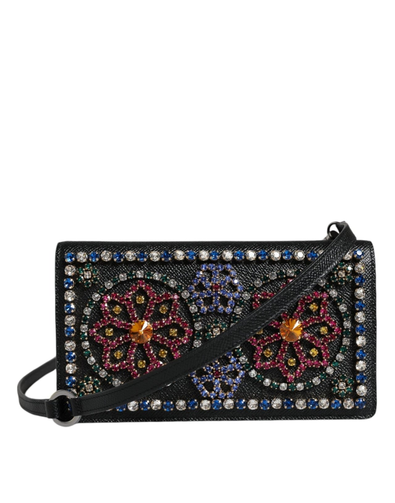 Dolce & Gabbana Black Leather Crystal Shoulder Crossbody Clutch Bag - Luxour