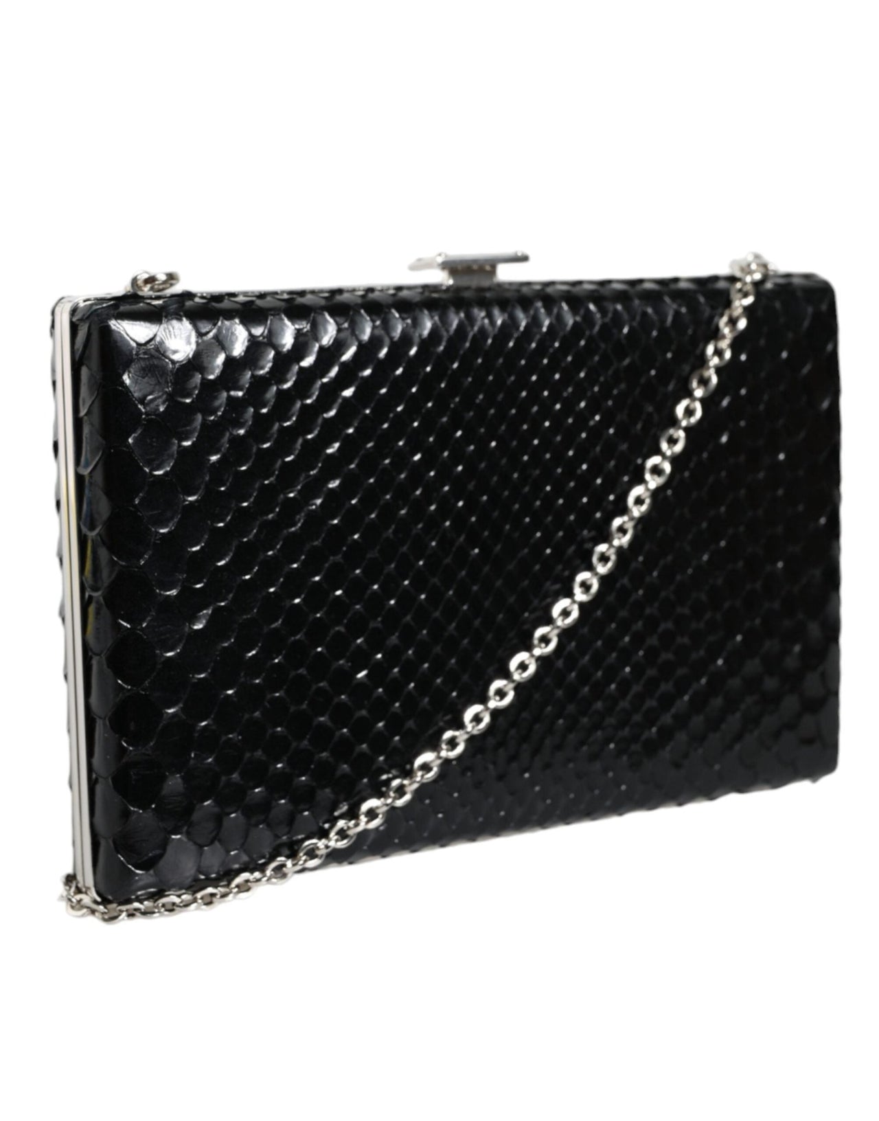 Luxour, Dolce & Gabbana Black Leather Silver Frame Clutch Mini Crossbody Bag, 