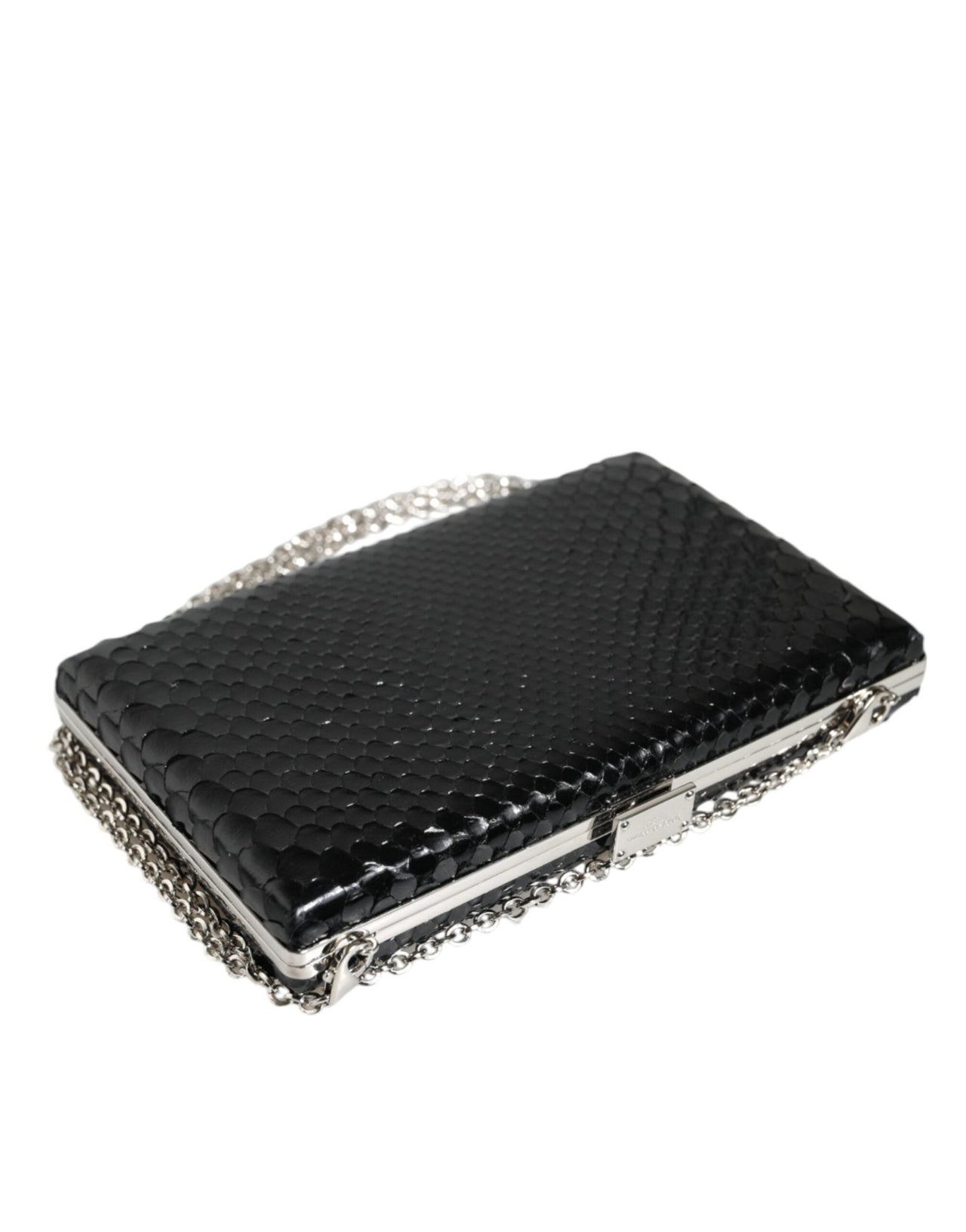 Luxour, Dolce & Gabbana Black Leather Silver Frame Clutch Mini Crossbody Bag, 