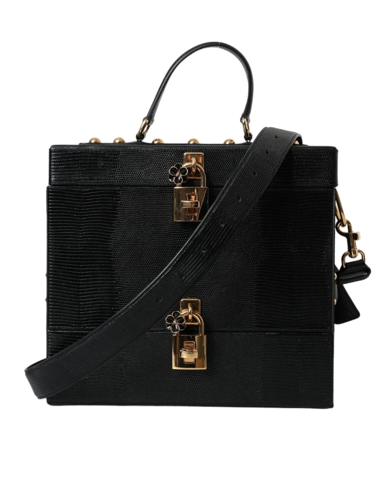 Dolce & Gabbana Black Lizard Embossed Calfskin Leather Double Box Bag - Luxour