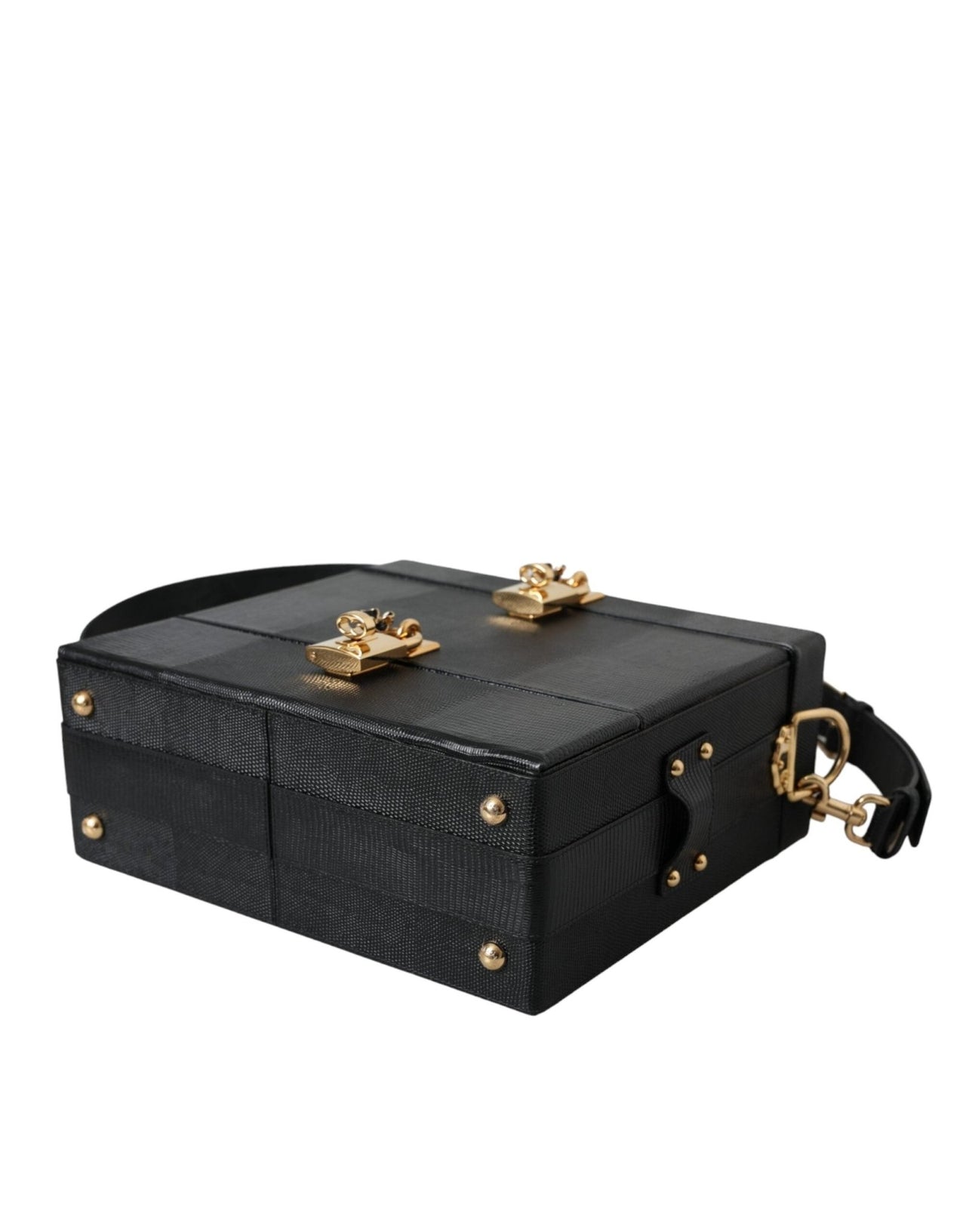 Dolce & Gabbana Black Lizard Embossed Calfskin Leather Double Box Bag - Luxour