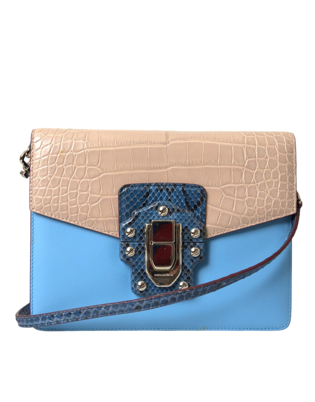 Dolce & Gabbana Blue Beige Exotic Leather LUCIA Crossbody Purse Bag - Luxour