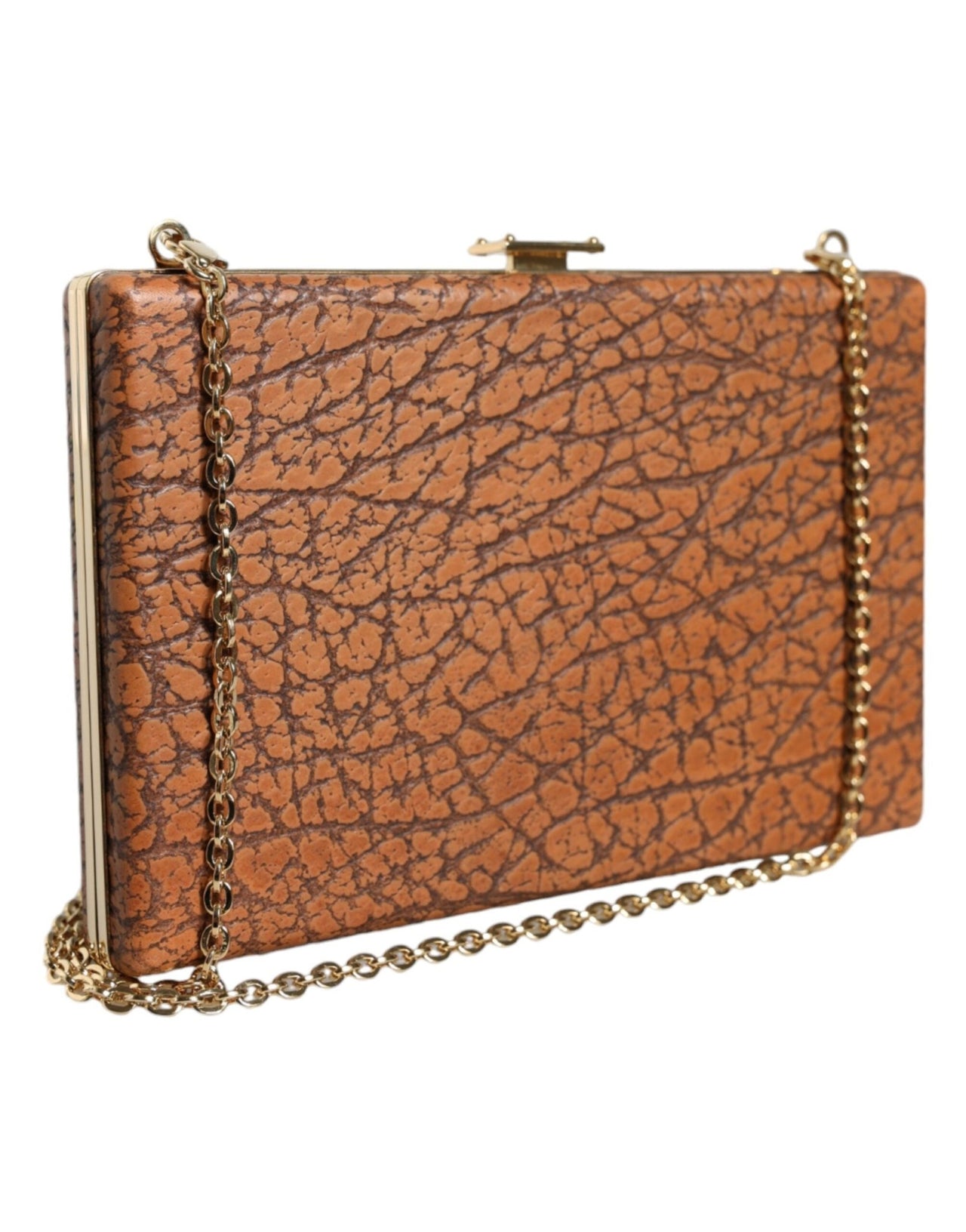 Luxour, Dolce & Gabbana Brown Leather Gold Frame Clutch Mini Crossbody Bag, 