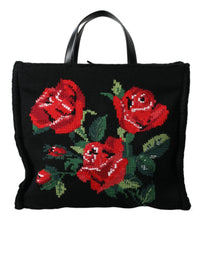 Thumbnail for Dolce & Gabbana Chic Embroidered Floral Black Tote - Luxour