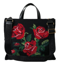 Thumbnail for Dolce & Gabbana Chic Embroidered Floral Black Tote - Luxour