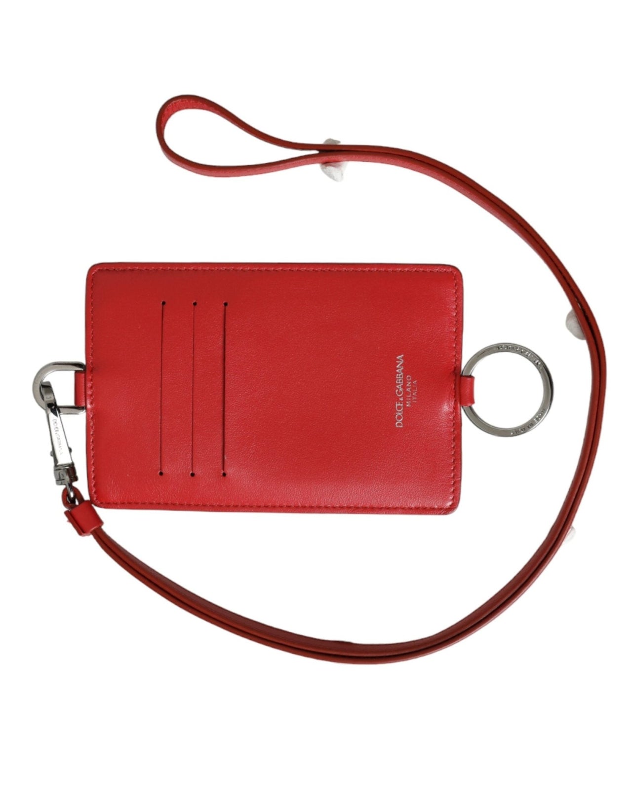 Dolce & Gabbana Red Calfskin Leather Lanyard Logo Card Holder Wallet - Luxour