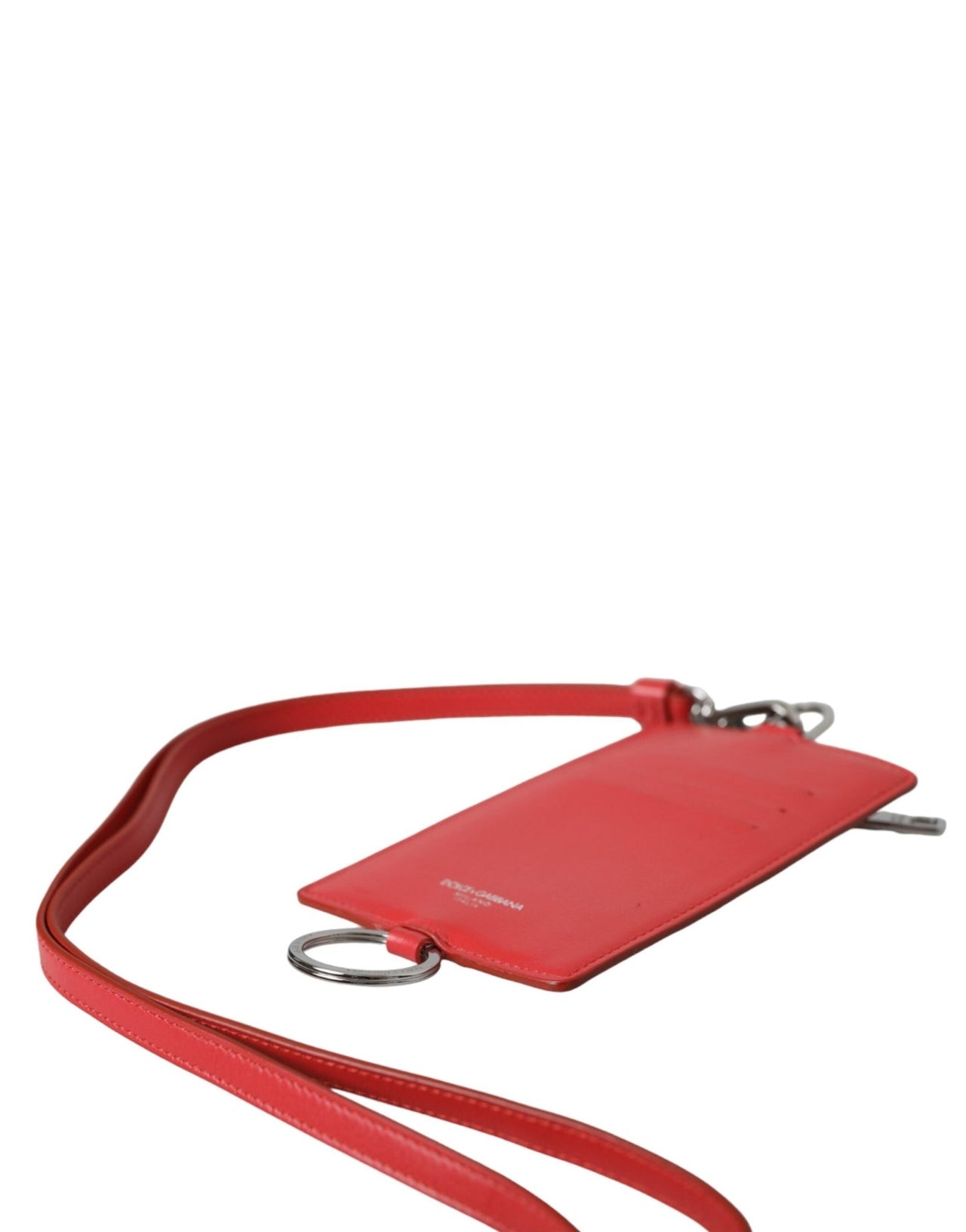 Dolce & Gabbana Red Calfskin Leather Lanyard Logo Card Holder Wallet - Luxour