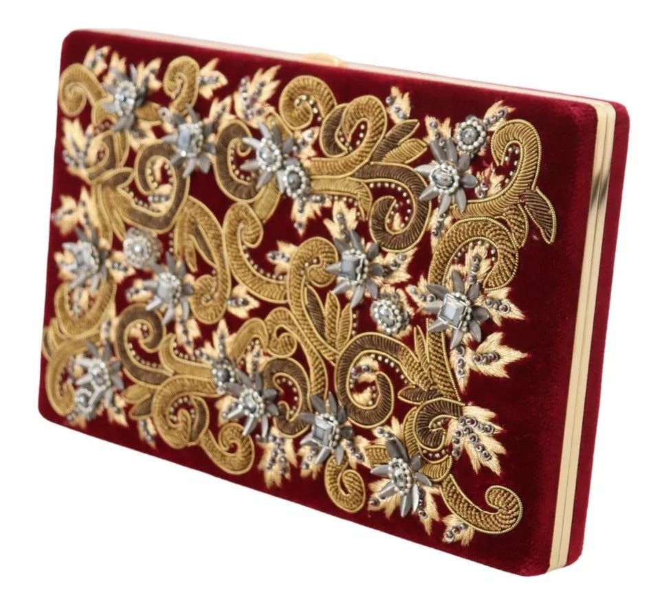 Dolce & Gabbana Red Velvet Gold Frame Clutch Evening Party Purse Bag - Luxour