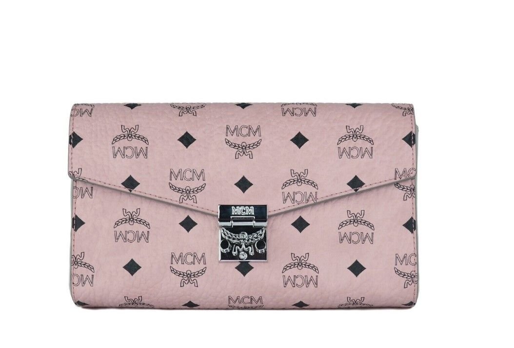 MCM Medium Soft Pink Signature Diamond Logo Leather Clutch Crossbody Handbag - Luxour