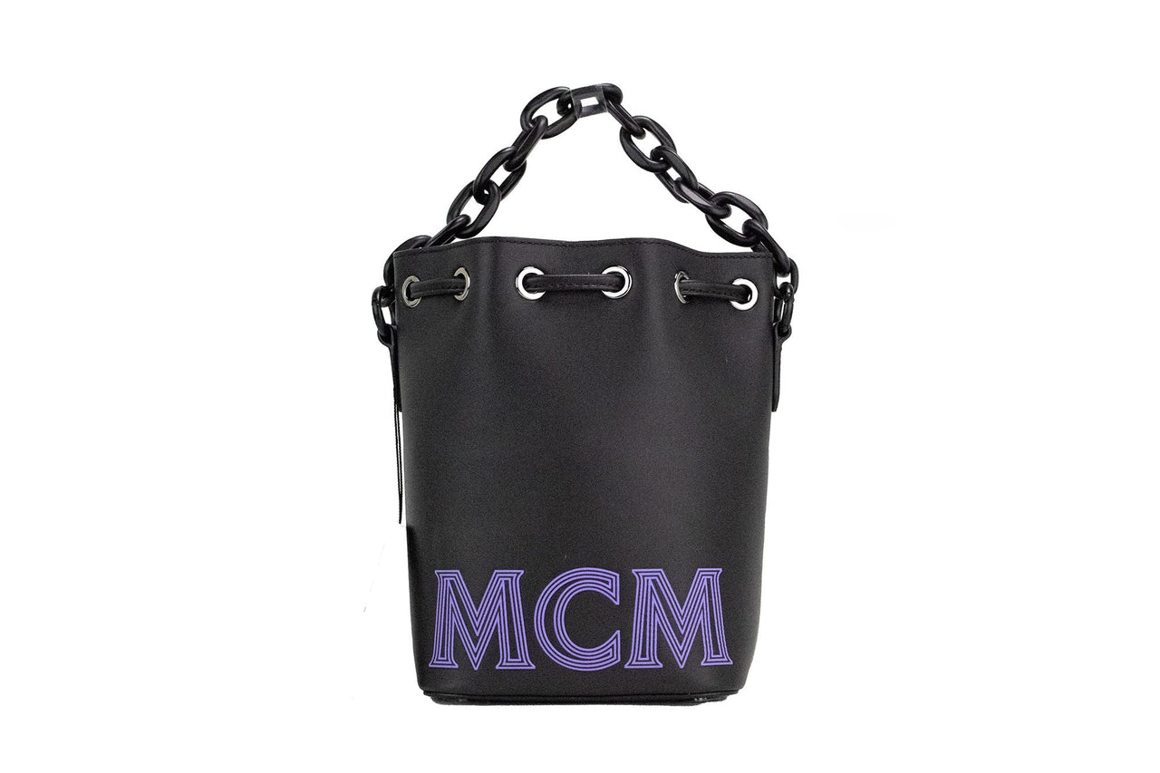 MCM Mini Black Purple Smooth Leather Chain Shoulder Drawstring Bucket Handbag - Luxour