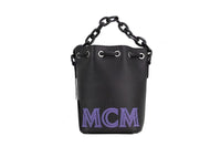 Thumbnail for MCM Mini Black Purple Smooth Leather Chain Shoulder Drawstring Bucket Handbag - Luxour