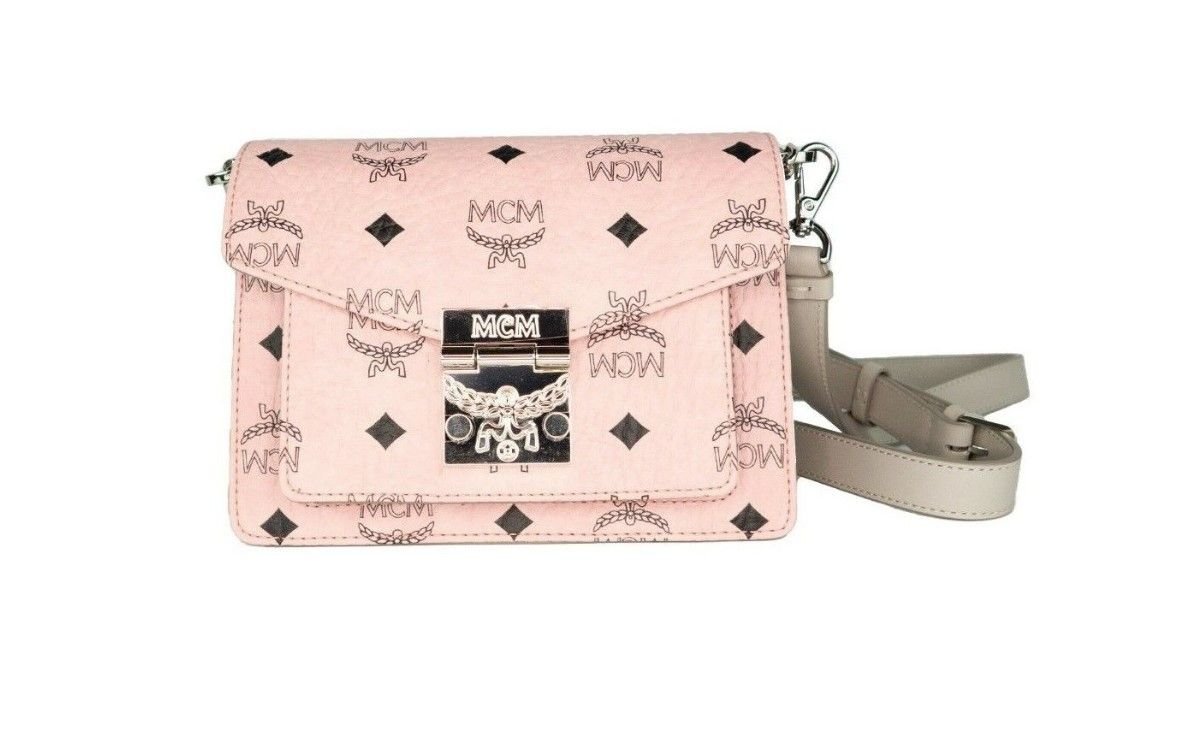 MCM Signature Soft Pink Diamond Logo Leather Mini Flap Lock Crossbody Handbag - Luxour