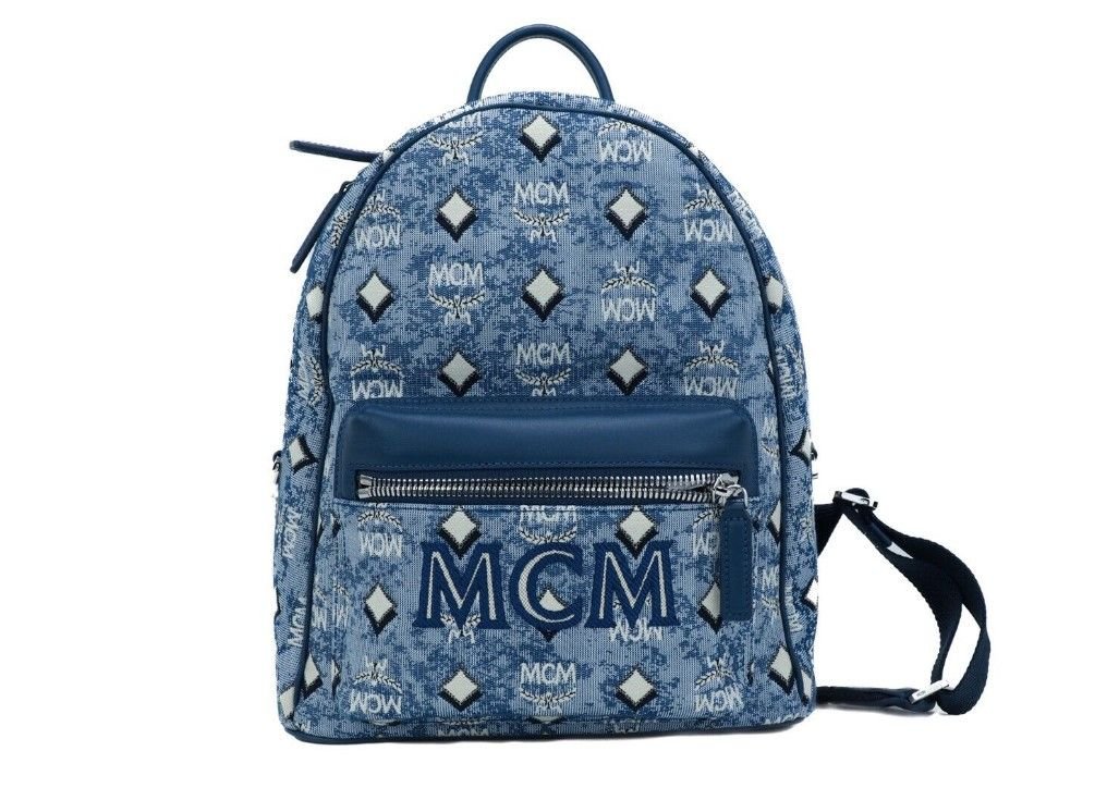 MCM Stark Small Blue Vintage Jacquard Monogram Logo Fabric Backpack Bookbag - Luxour