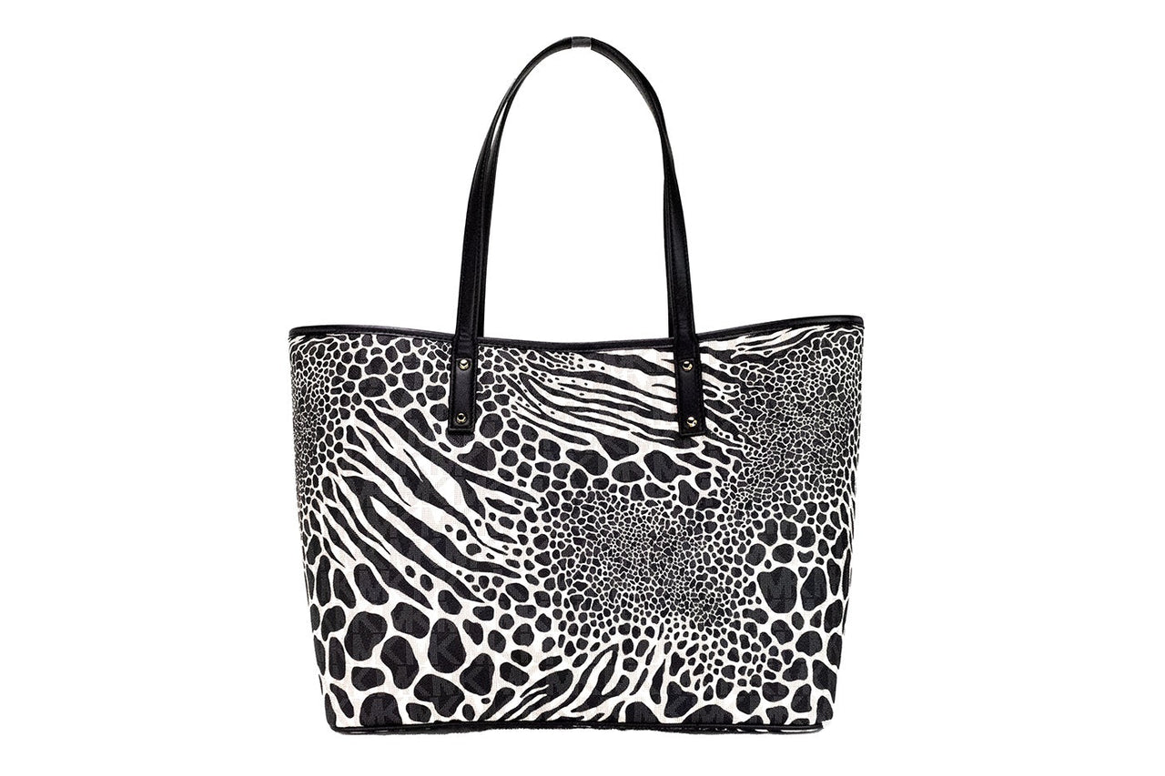 Michael Kors Carter Large Black Animal Print PVC Open Tote Shoulder Purse Bag - Luxour