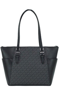 Thumbnail for Michael Kors Charlotte Black PVC Leather Large Top Zip Tote Handbag Bag Purse - Luxour