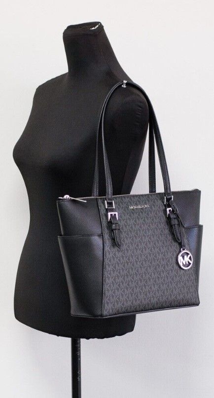 Michael Kors Charlotte Black PVC Leather Large Top Zip Tote Handbag Bag Purse - Luxour