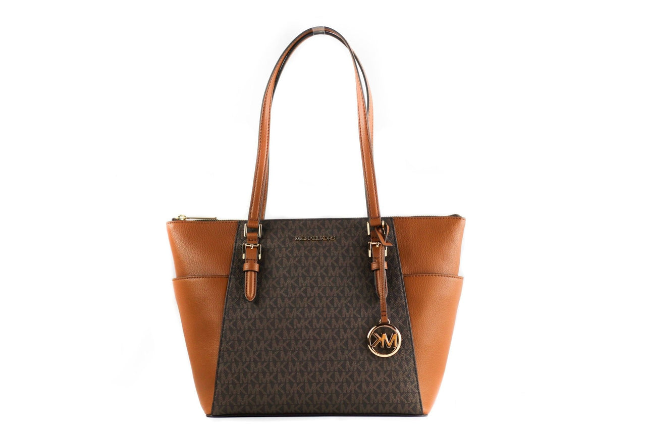 Michael Kors Charlotte Signature Leather Large Top Zip Tote Handbag Bag (Brown) - Luxour