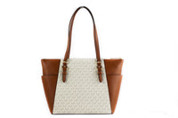 Thumbnail for Michael Kors Charlotte Signature Leather Large Top Zip Tote Handbag Bag (Vanilla) - Luxour