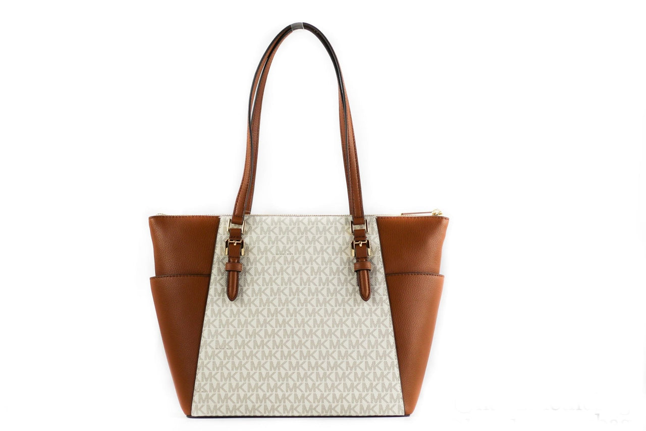 Michael Kors Charlotte Signature Leather Large Top Zip Tote Handbag Bag (Vanilla) - Luxour