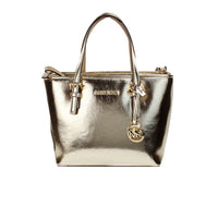 Thumbnail for Michael Kors Jet Set Pale Gold Metallic XS Carryall Top Zip Tote Bag Purse - Luxour