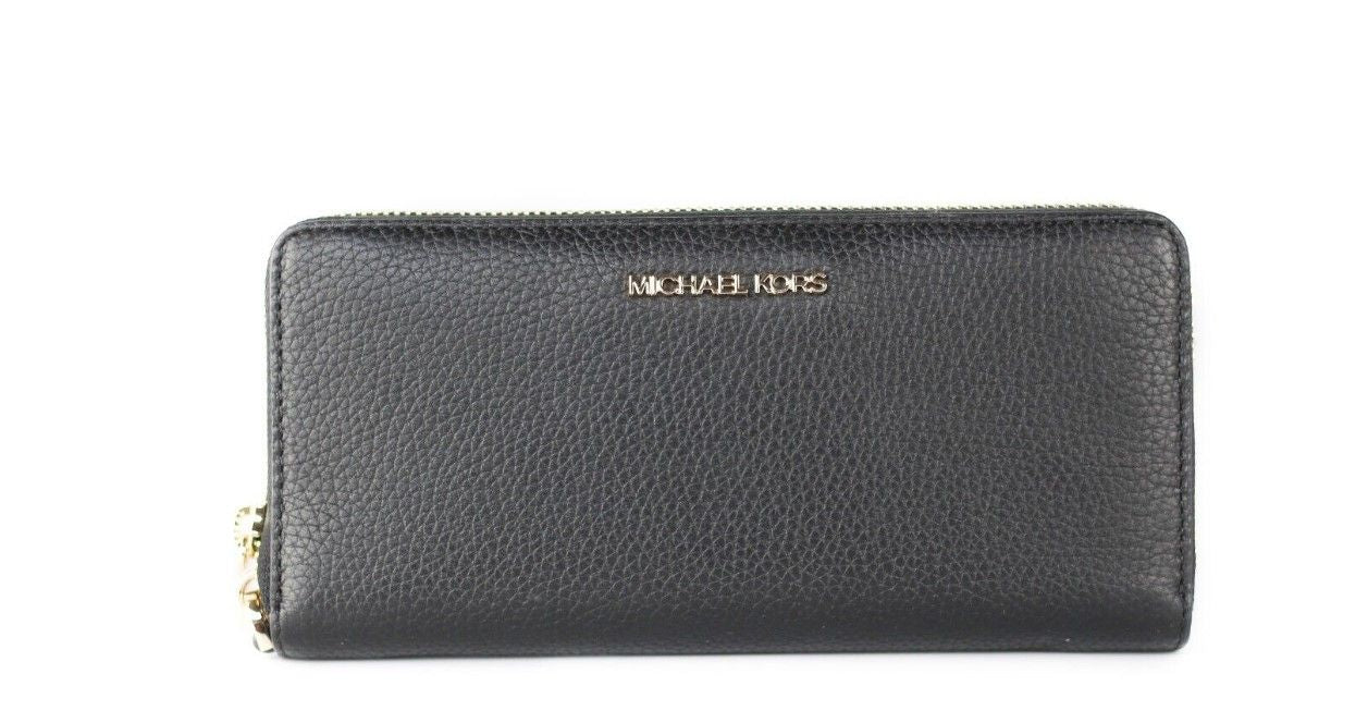 Michael Kors Jet Set Travel Large Black Pebble Leather Continental Wrist Wallet - Luxour