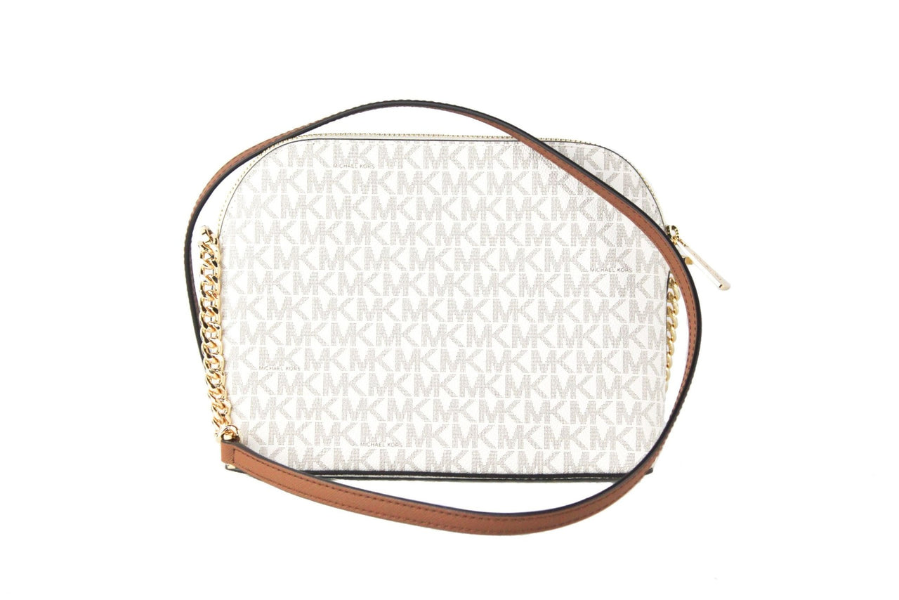 Michael Kors Jet Set Travel Medium Leather X Cross Dome Crossbody Handbag (Vanilla Signature/Gold) - Luxour