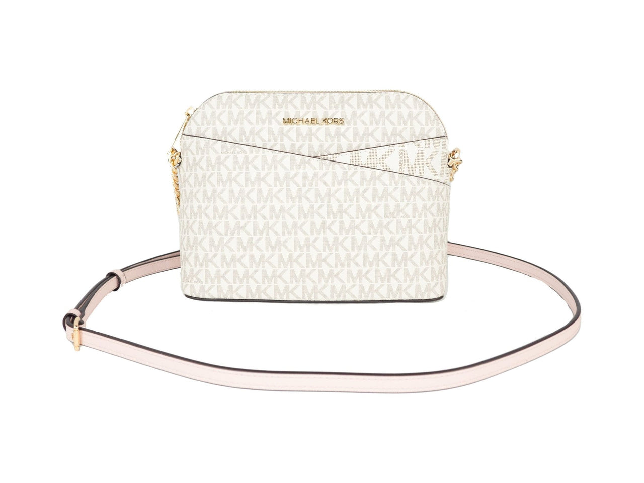 Michael Kors Jet Set Travel Medium Leather X Cross Dome Crossbody Handbag (Vanilla Signature/Powder Blush) - Luxour